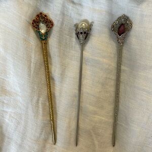 3 Decorative Hair Sticks - 2 silver, 1 gold